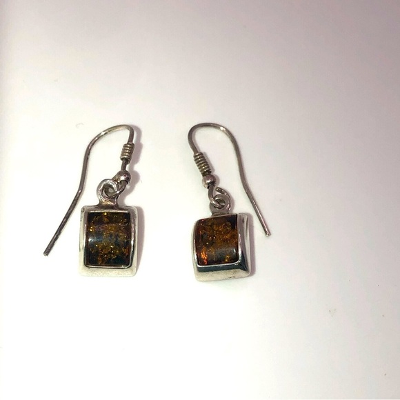 Vintage Jewelry - STERLING & Amber Rectangle Dome Shaped Shepherds Hook Earrings 1”